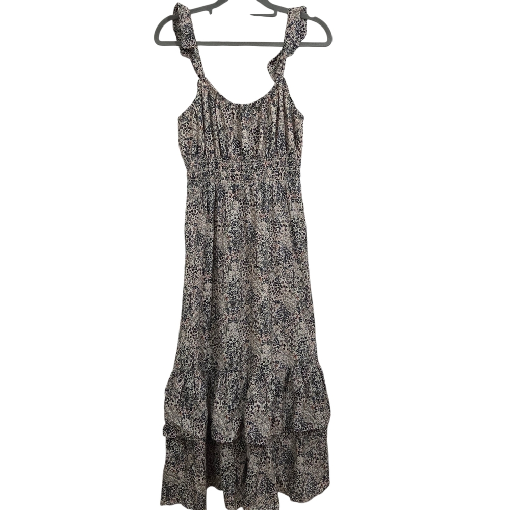 Paige Gisella Abstract Printed Pleated Tiered Midi Dress Small Boho Floral Bird